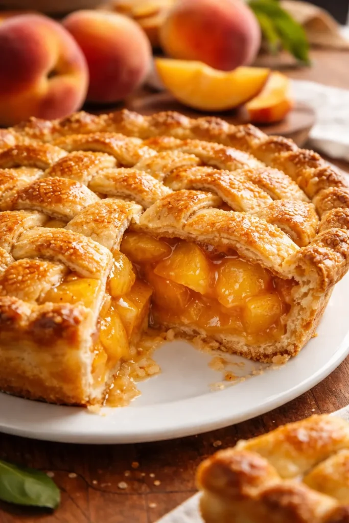 Peach pie with flaky buttery crust and juicy peach filling on a plate