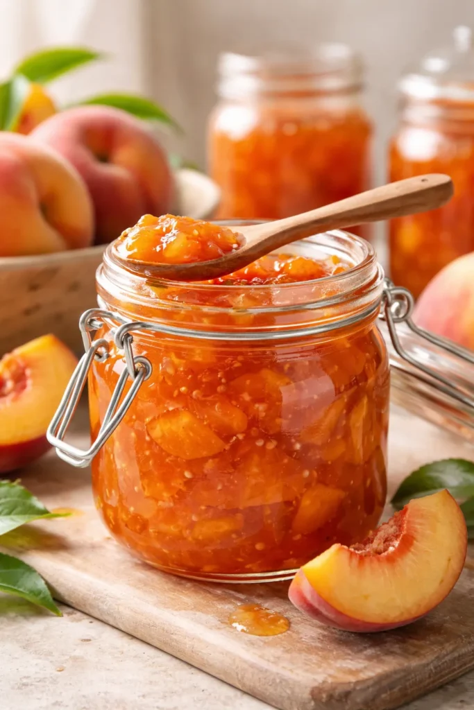 Jar of peach preserves with wooden spoon on neutral surface
