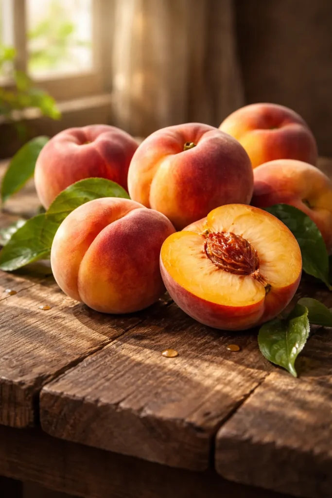 Serene still life of peaches on a wooden surface