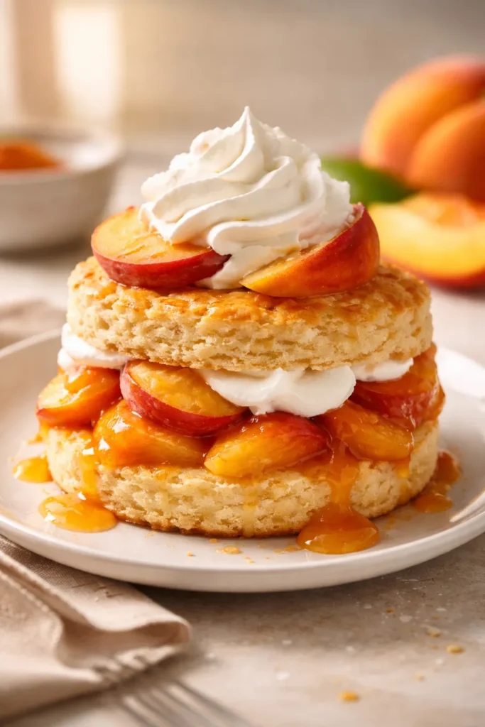 Peach shortcake slice with whipped cream on a white plate