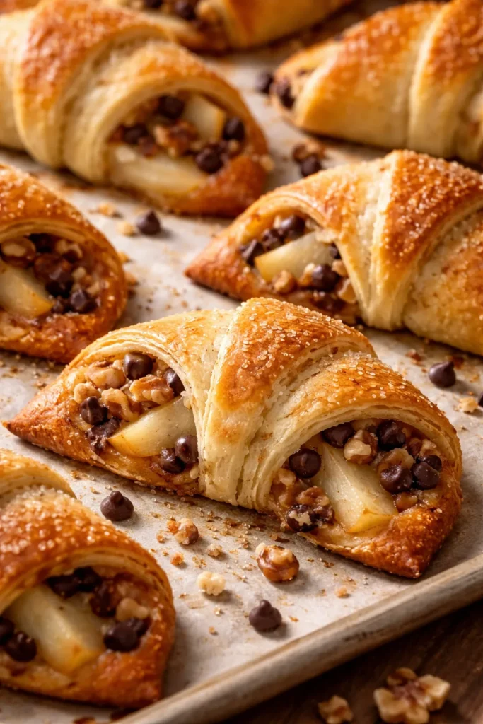 Pear walnuts chocolate chip crescents on baking sheet