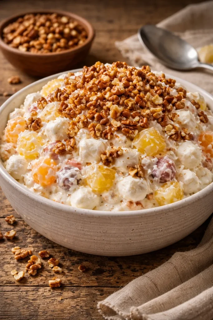 Creamy fruit salad topped with crunchy toasted chopped pecans