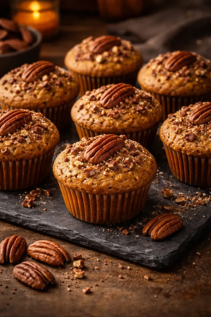 Spiced pumpkin muffins topped with whole toasted pecan halves