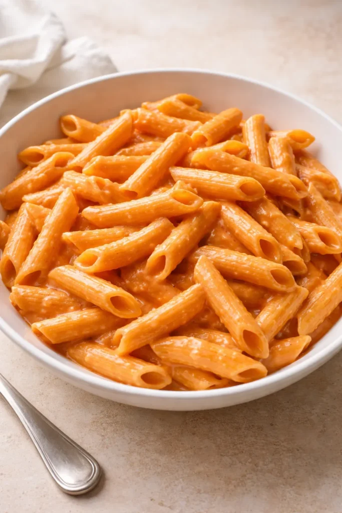 Penne alla vodka pasta in creamy orange sauce.