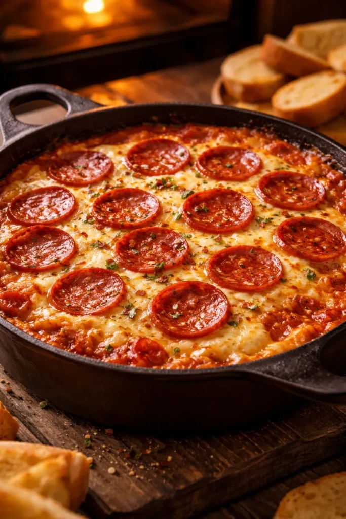 Close-up of bubbling hot pepperoni pizza dip in a cast iron skillet