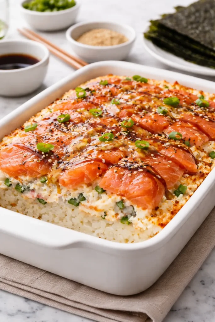 Philly Roll Sushi Bake with creamy filling and top layer of cold-smoked salmon.