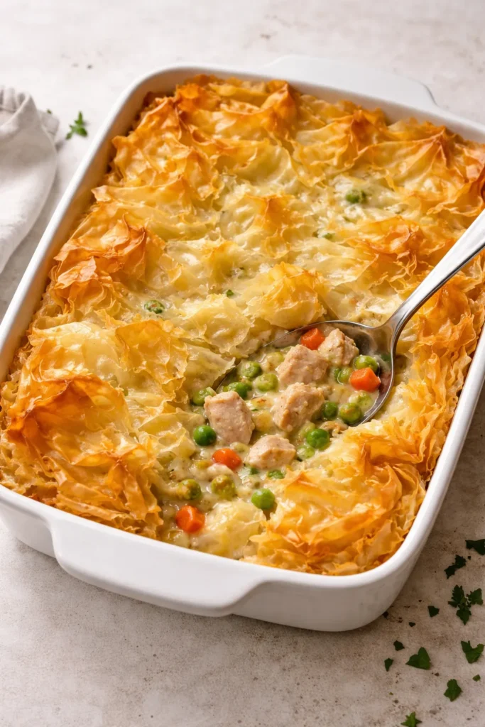 Phyllo-crusted chicken pot pie in baking dish