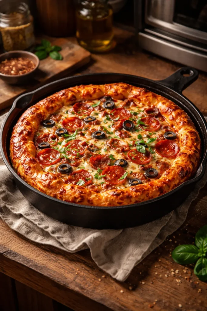 Deep-dish skillet pizza with thick crust and bubbly cheese