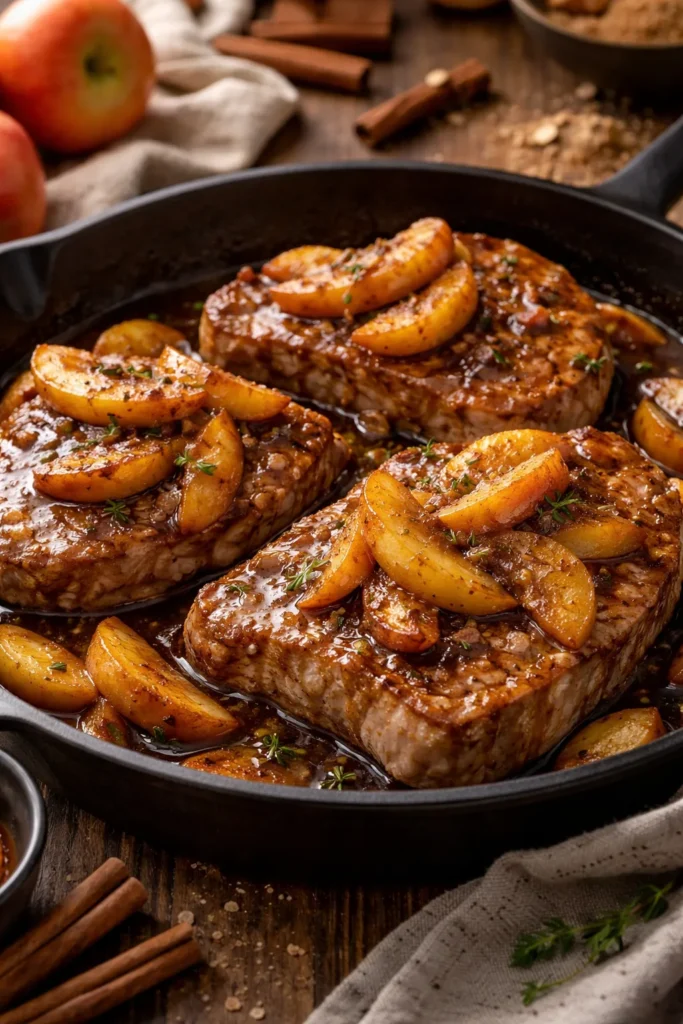 Pork chops with caramelized apples and cinnamon glaze