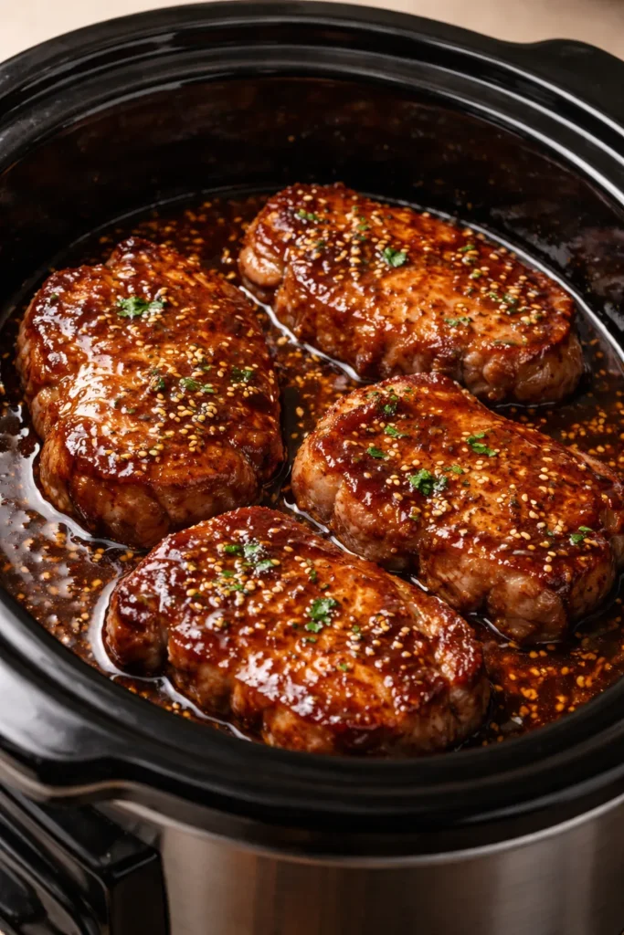 Pork chops with honey-garlic glaze in slow cooker