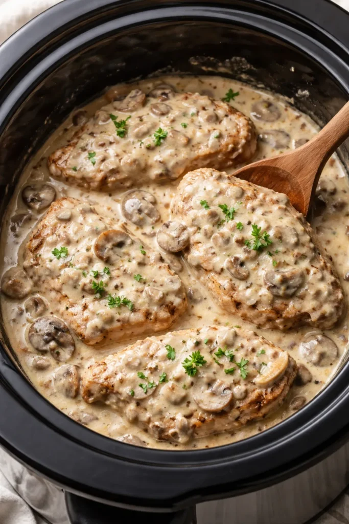 Pork chops in mushroom-cream sauce in slow cooker