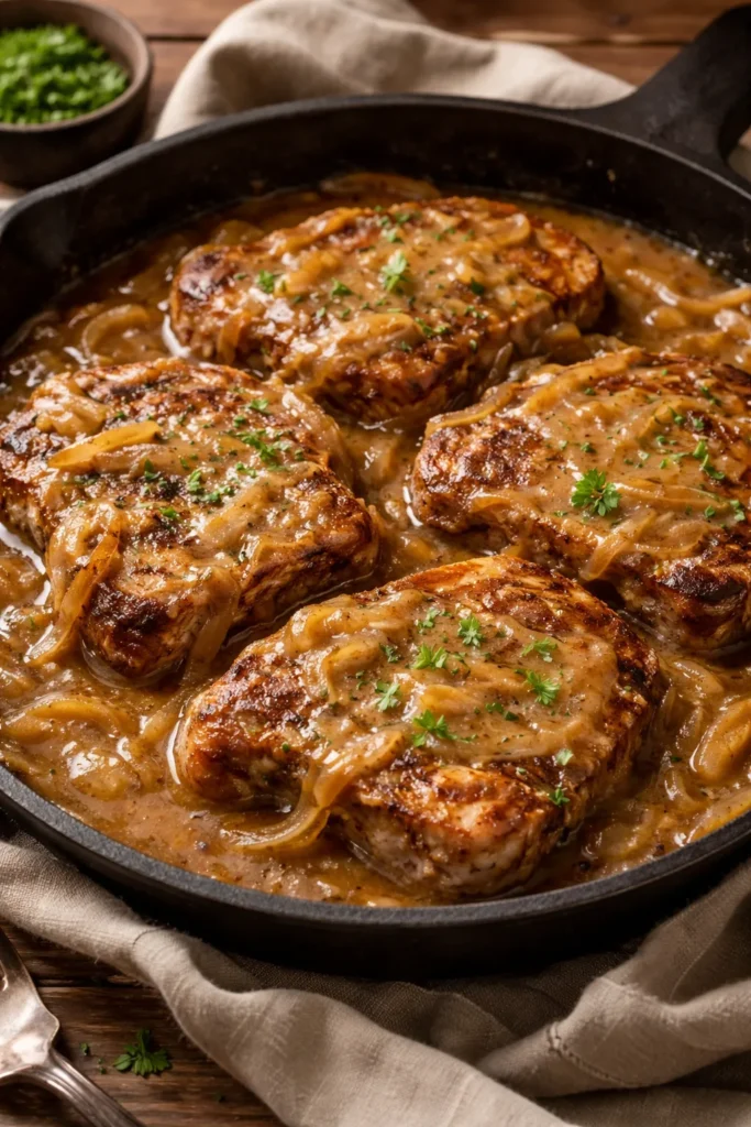 Pork chops in onion gravy with caramelized onions