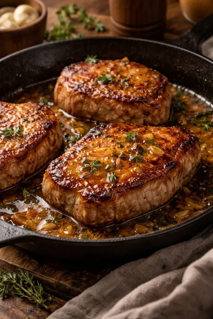Close-up of a golden crust pork chop with glossy pan sauce in a cast-iron skillet