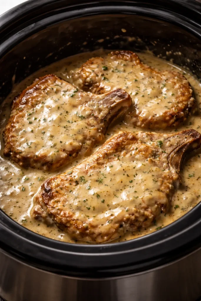 Pork chops with creamy ranch-brown gravy in slow cooker