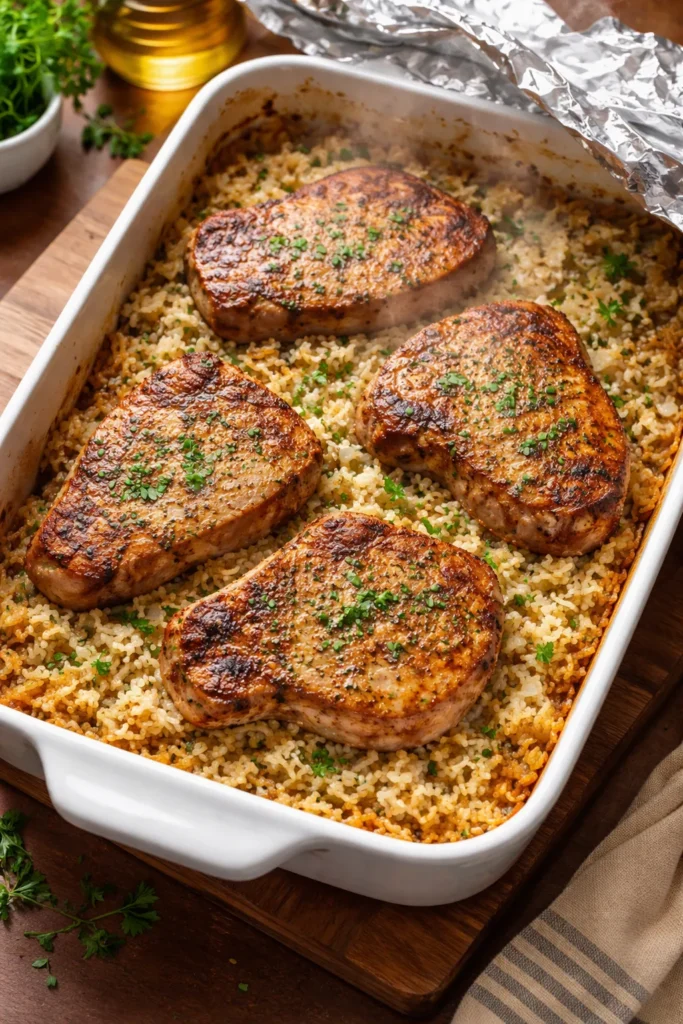 Pork chops with rice baking in one-dish dinner