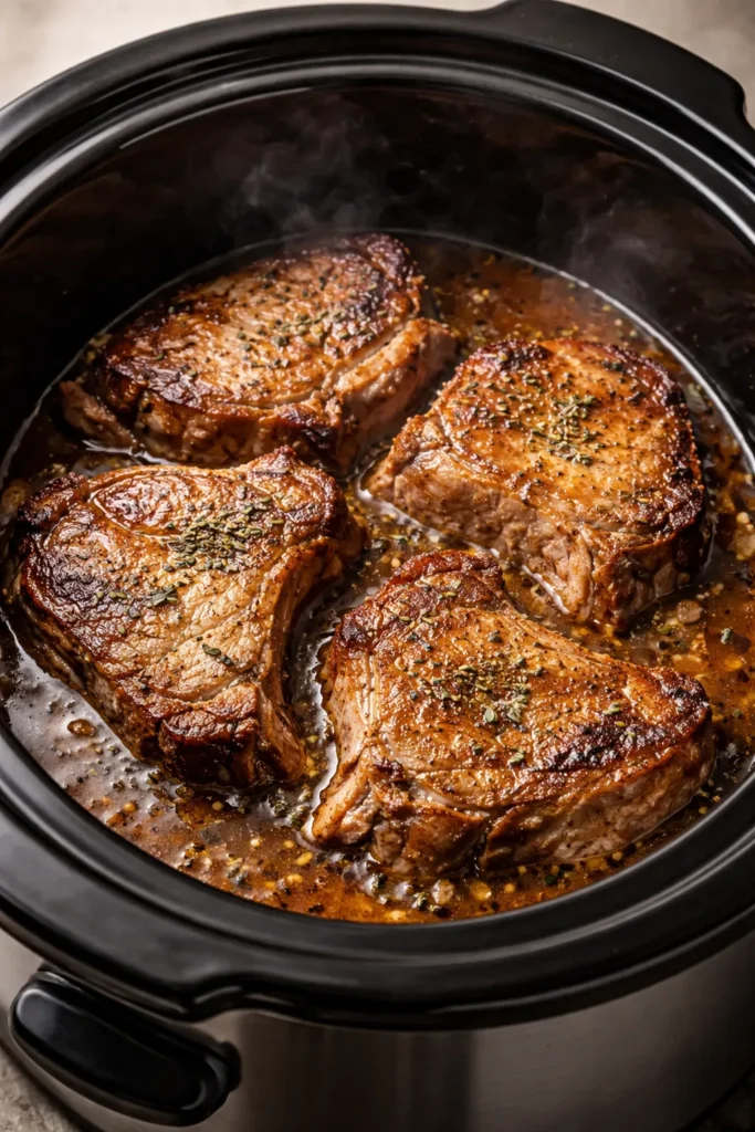 Close-up of thick-cut pork chops in a slow cooker with gentle steam