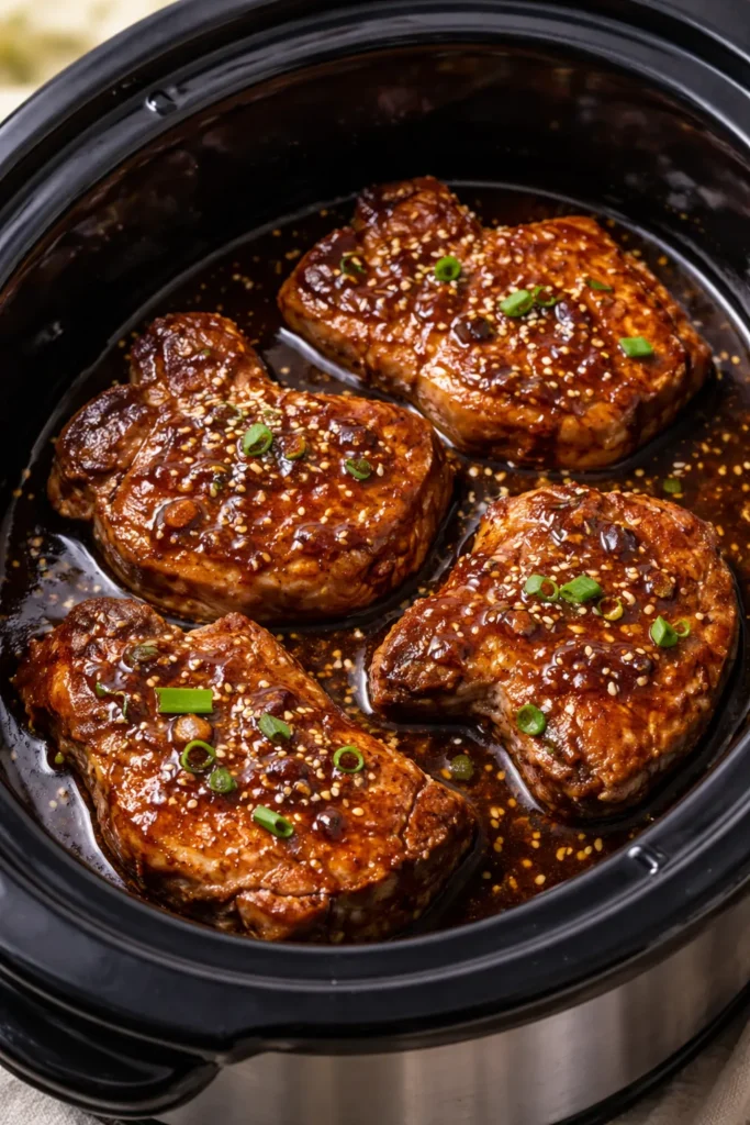Pork chops with soy-brown sugar glaze in slow cooker