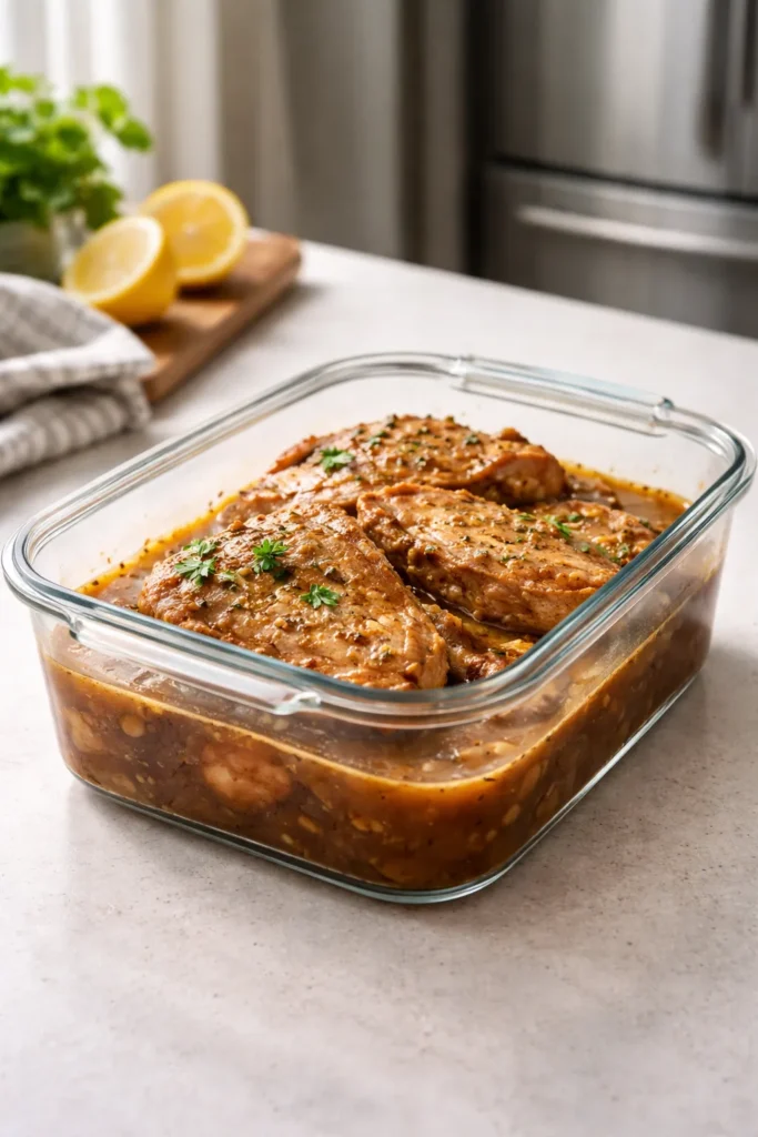 Glass storage container with cooked pork chops in sauce on a countertop
