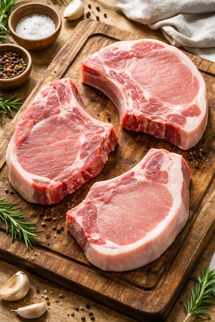 Three pork chops of varying cuts on a wooden board