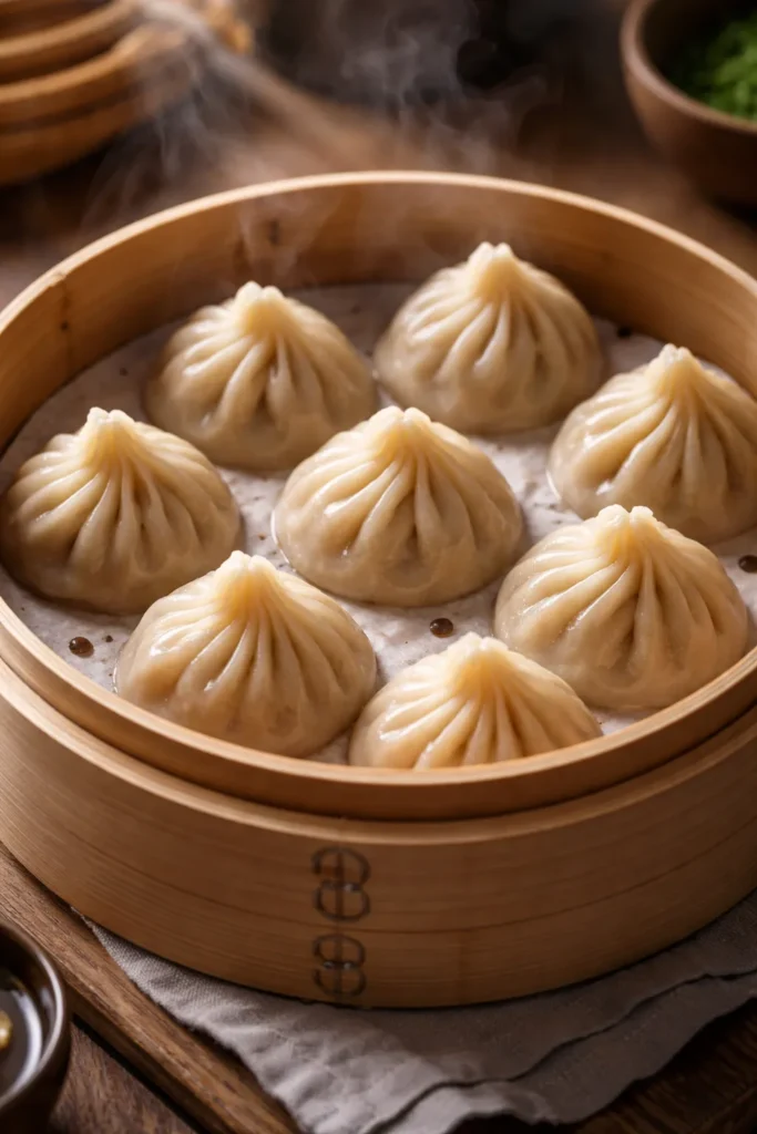 Steamed pork soup dumplings in a bamboo steamer.
