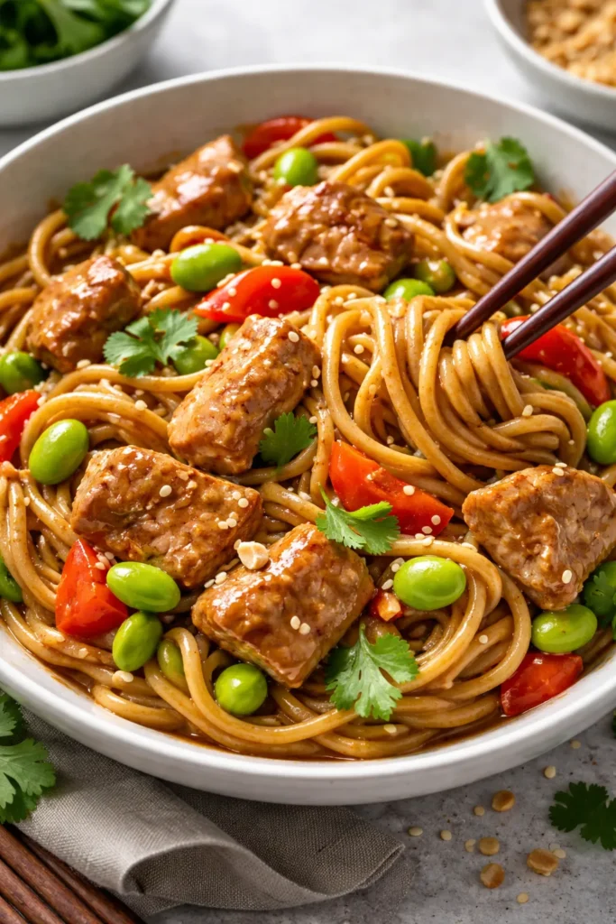 Pork stir fry with noodles edamame in peanut sauce on plate