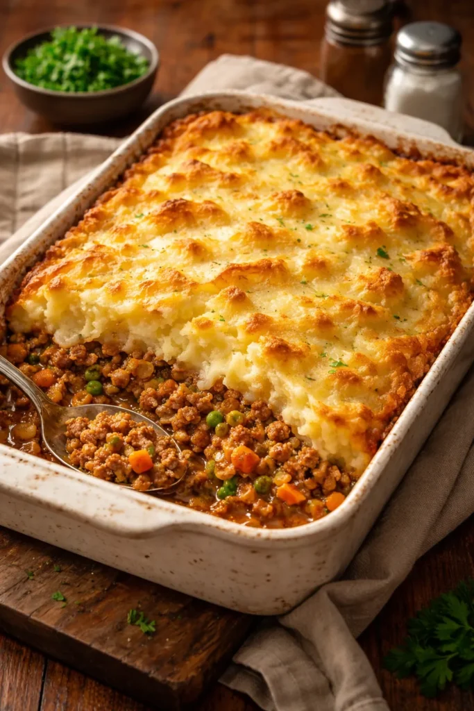 Ground pork shepherd's pie with mashed potato crust