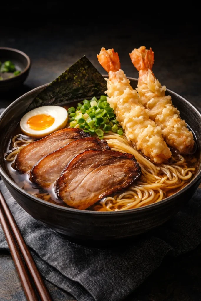 Pork Shoyu Ramen with braised chashu and shrimp tempura in a bowl