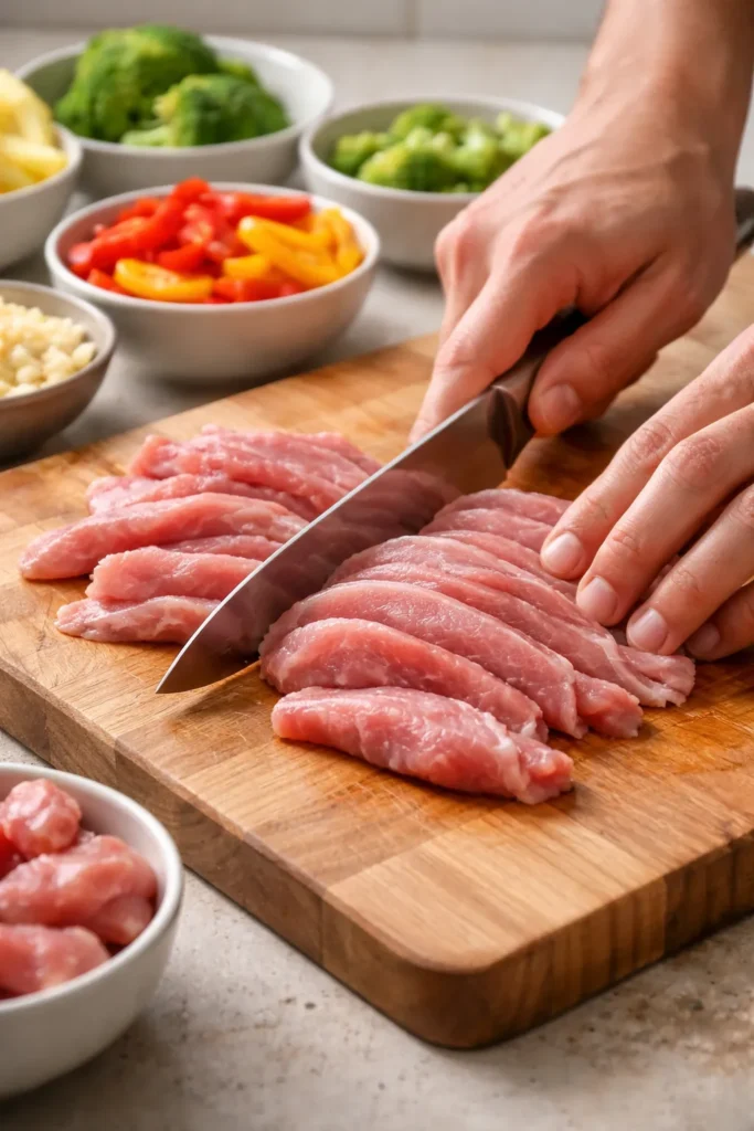 Close-up of hands slicing pork into thin strips on a cutting board