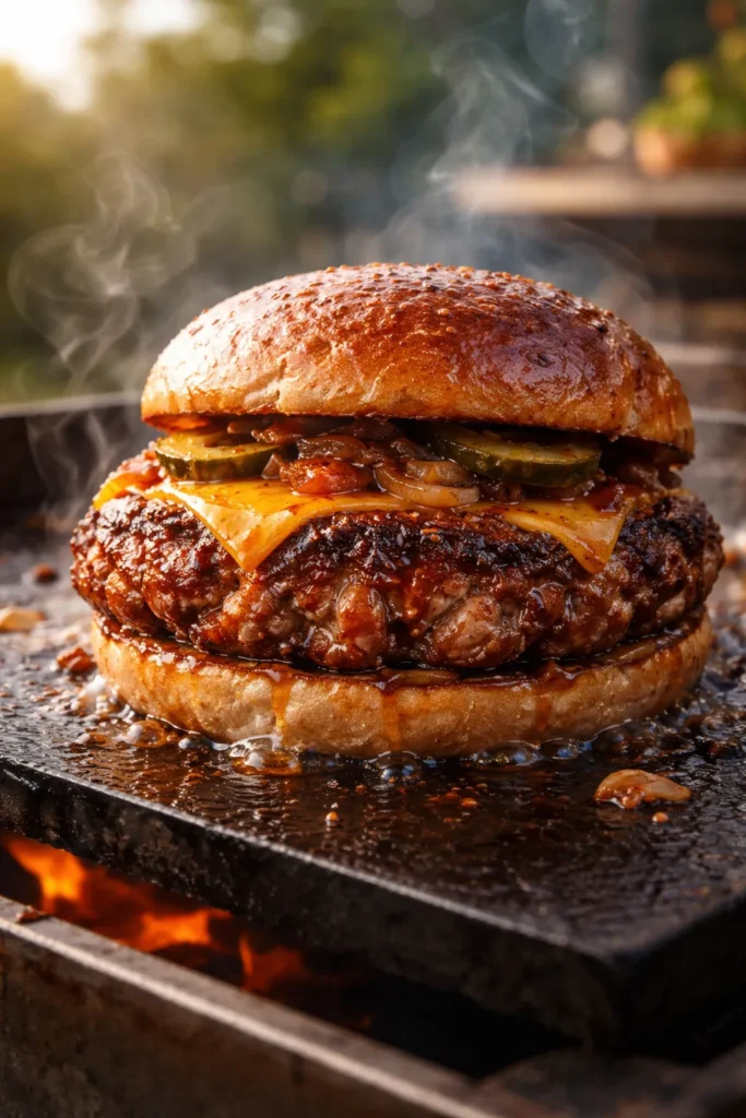 Close-up of a pork smashburger with a caramelized crust on a hot griddle
