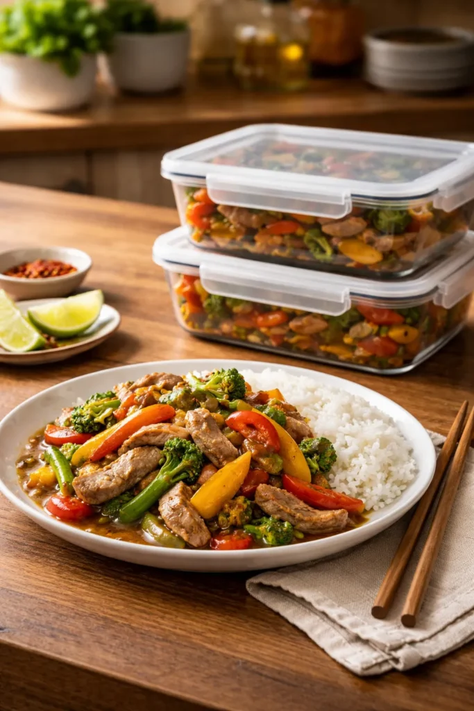 Pork stir fry plated with rice and a container of leftovers