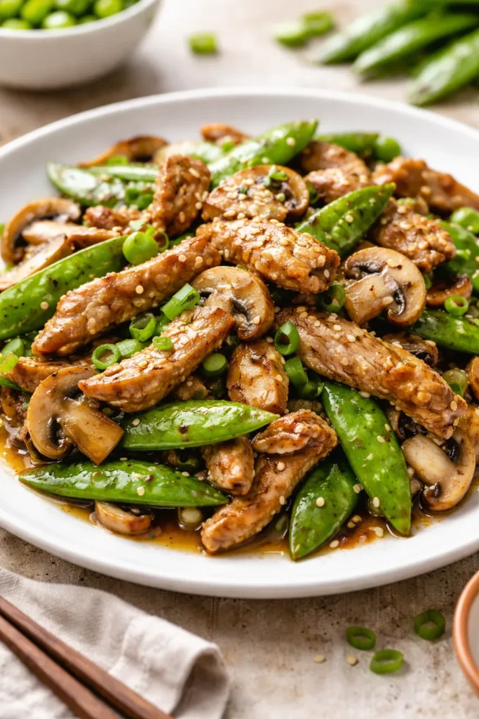 Pork stir fry with snow peas and mushrooms in garlic ginger sauce on plate