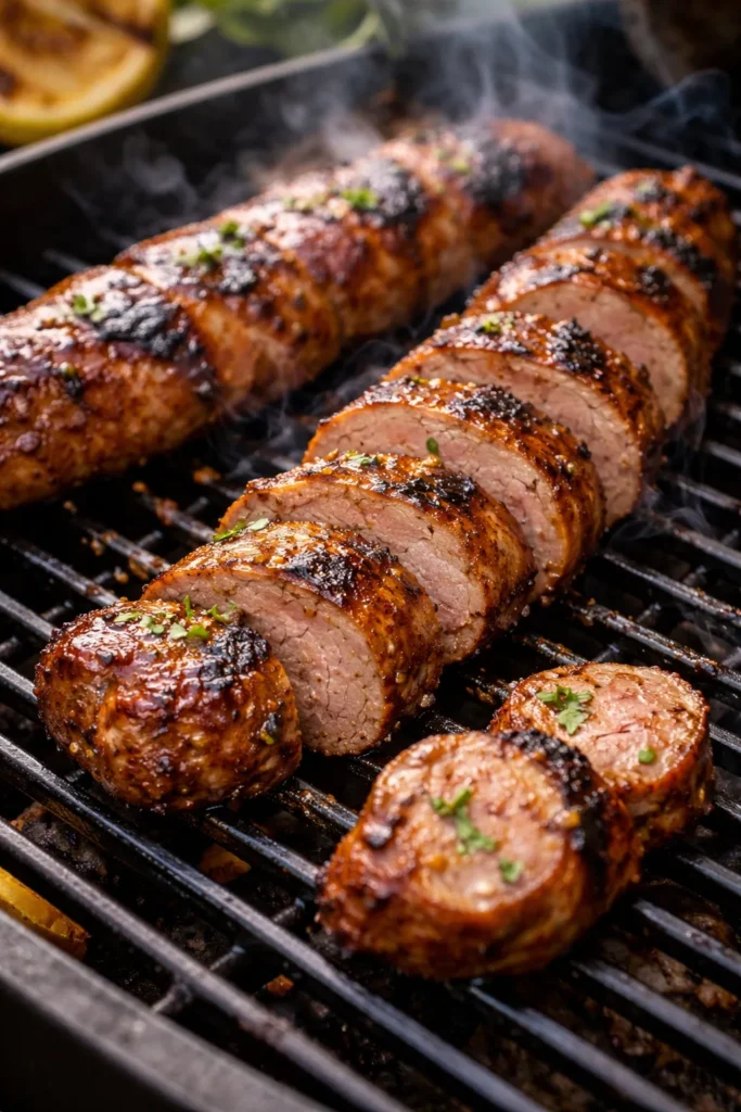 Curried pork tenderloin slices with glossy glaze on grill