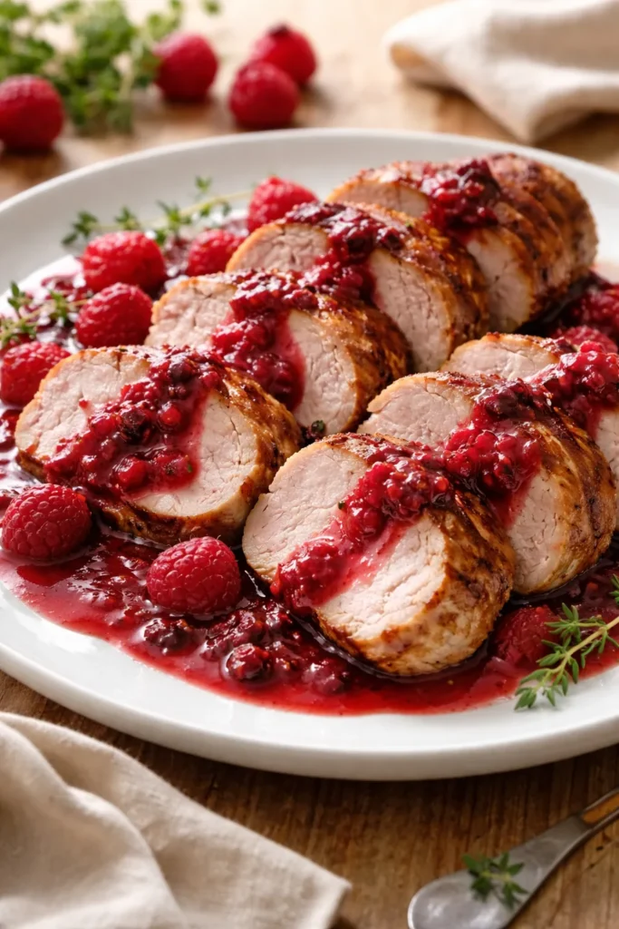 Pork tenderloin with raspberry sauce plated elegantly for a birthday dinner