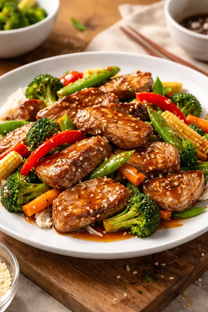 Pork tenderloin stir fry with honey soy glaze and vegetables on plate