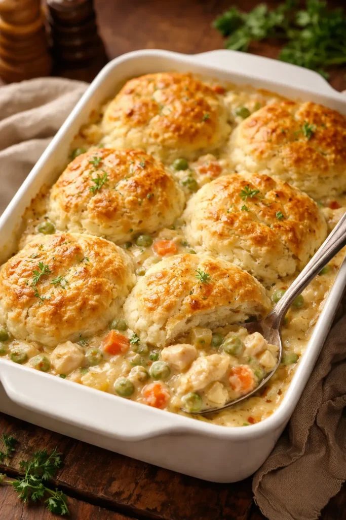 Creamy pot pie topped with golden biscuits in a baking dish