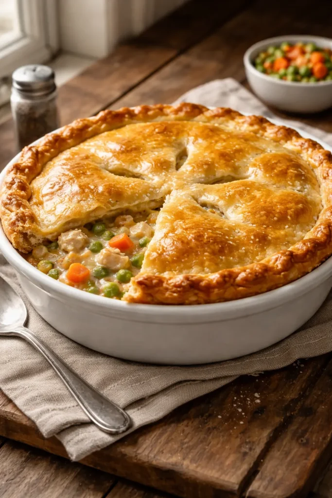 Close-up of a golden double-crust chicken pot pie in a ceramic dish on wood
