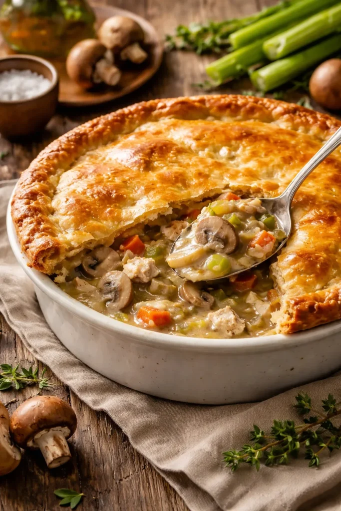 Pot pie showing mushrooms and celery through crust edge in a baking dish