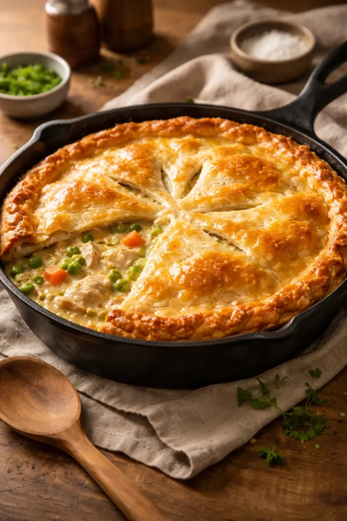 Skillet pot pie with a single crust in a cast-iron pan