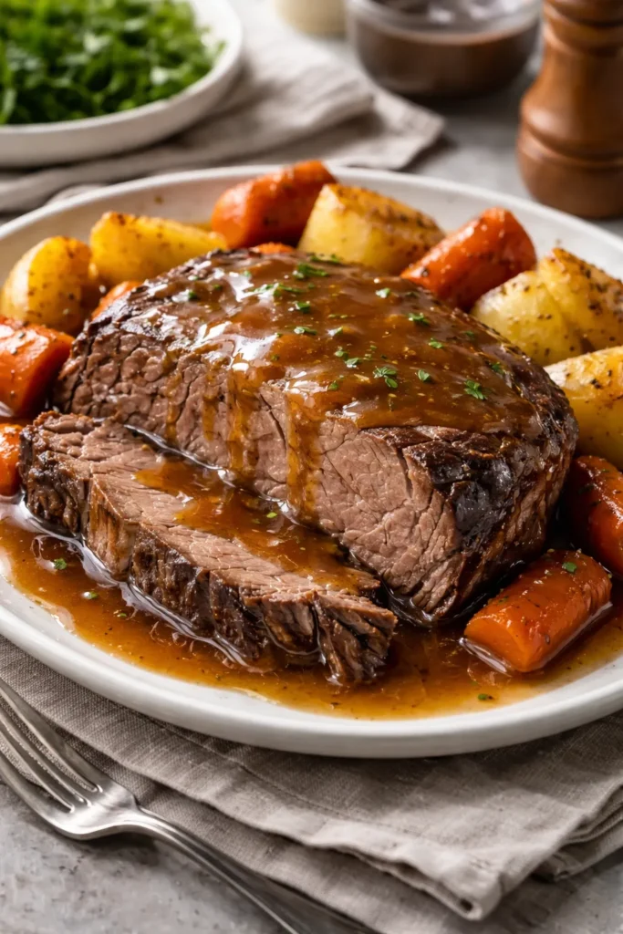 Sliced pot roast with rich pan gravy