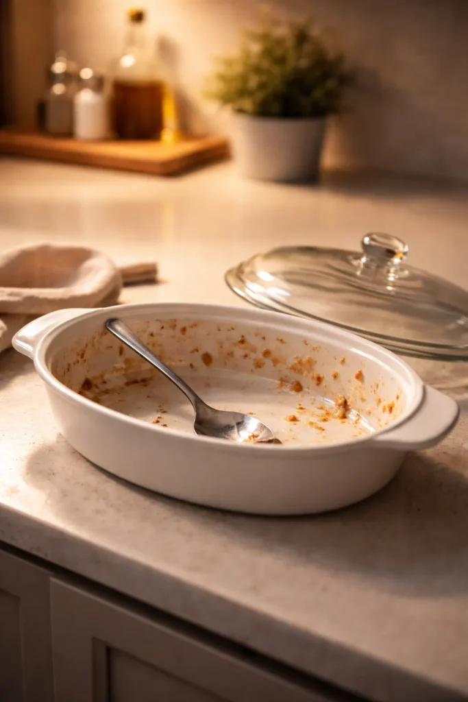 Quiet kitchen scene with an empty serving dish and lid on a clean countertop.