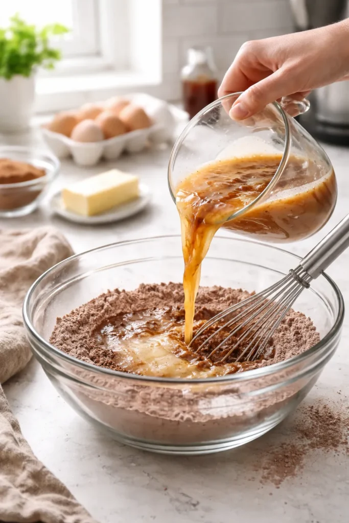 Hand pouring wet ingredients into dry mix in a bowl