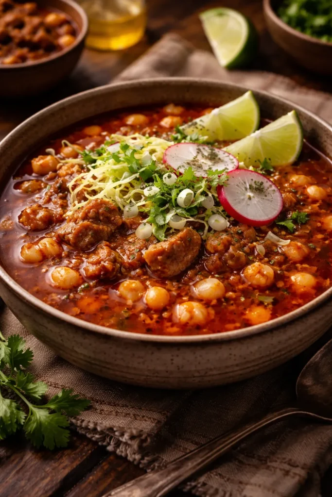 Pozole rojo in a rustic bowl with hominy.