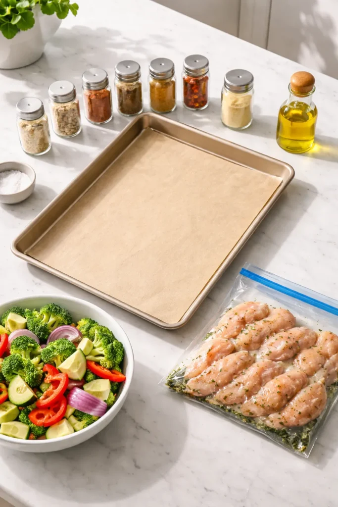 Top-down view of organized prep station with spice jars, baking sheet, and chicken prep to speed weeknight dinners