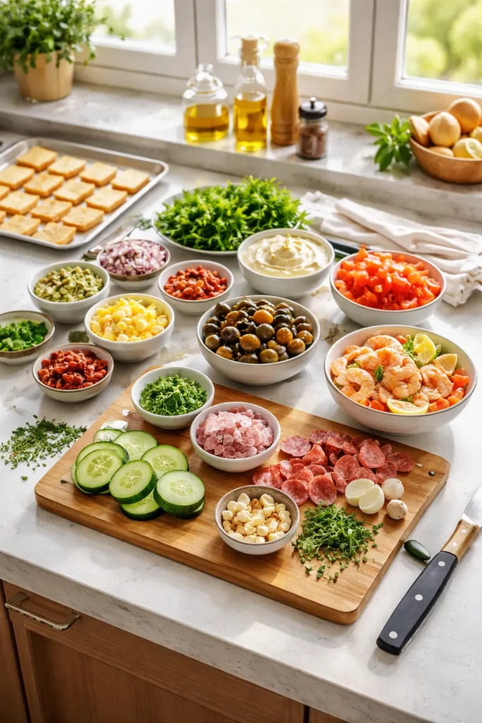 Organized kitchen prep station with bowls and ingredients ready for cooking