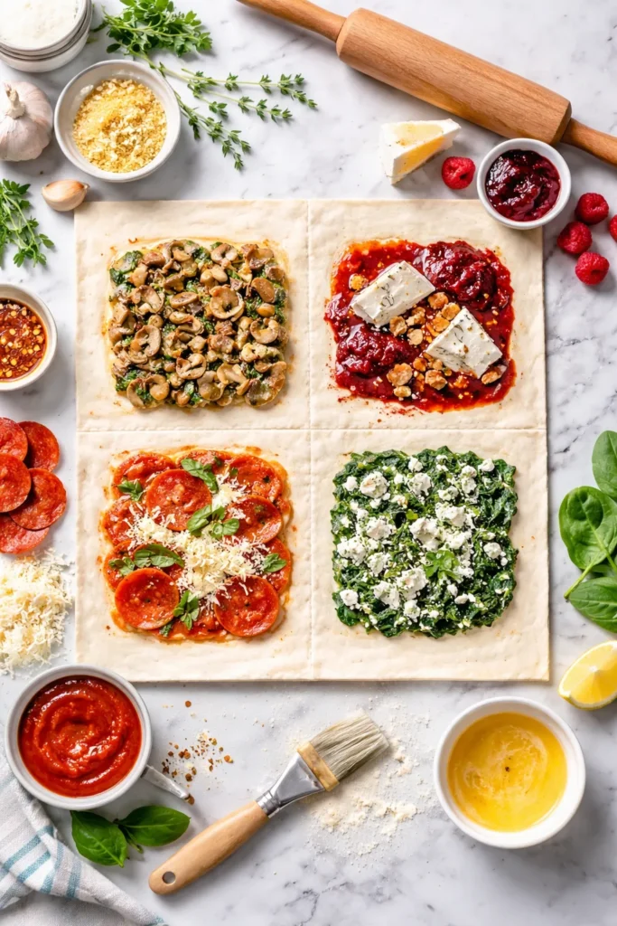 Puff pastry sheet showing varied fillings texture concept