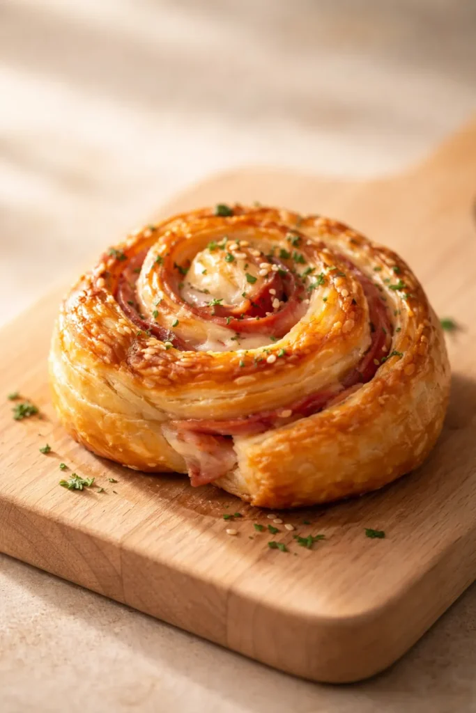 Close-up of a golden ham and Gruyère puff pastry pinwheel on a wooden board