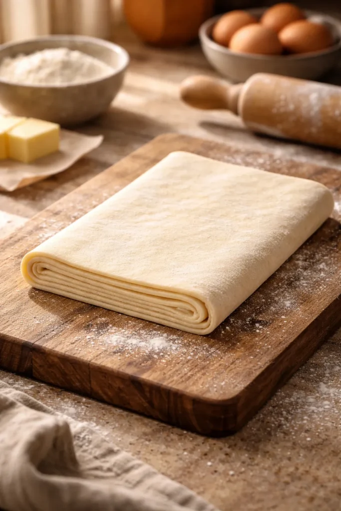 Close-up of a cold puff pastry sheet showing lamination on a wooden board