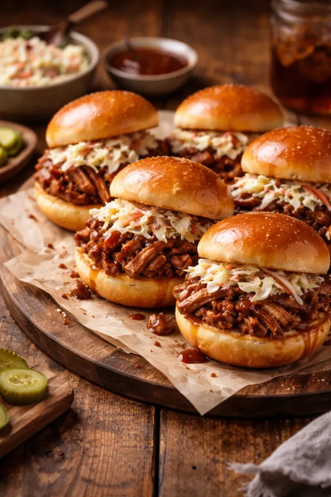 Pulled pork sliders with coleslaw on a plate