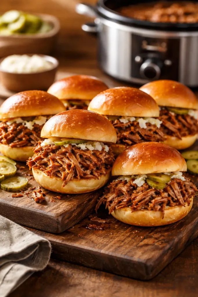Close-up of tender pulled pork on glossy slider buns on a rustic wooden board with warm lighting.