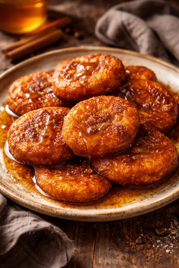 Golden pumpkin fritters with syrup on a rustic plate